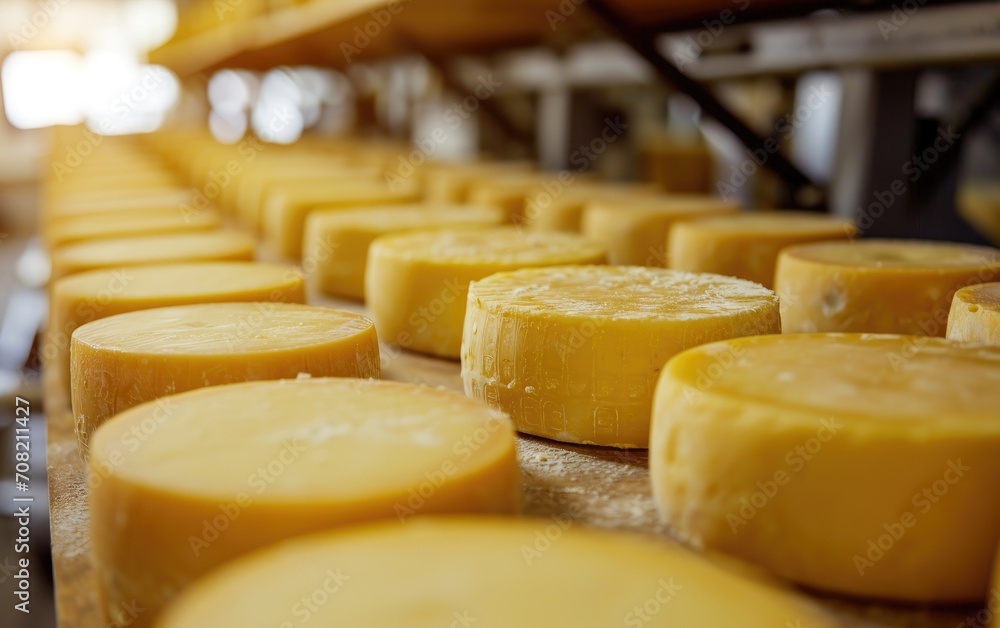 Close-up in cheese factory, cheese production