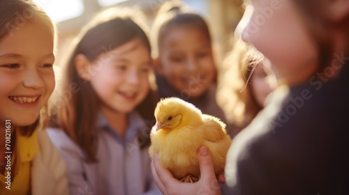 A group of school children eagerly listen to a farmers explanation of how to properly gather eggs from the chicken coop, as they eagerly await their turn to hold a fluffy yellow chick. photo