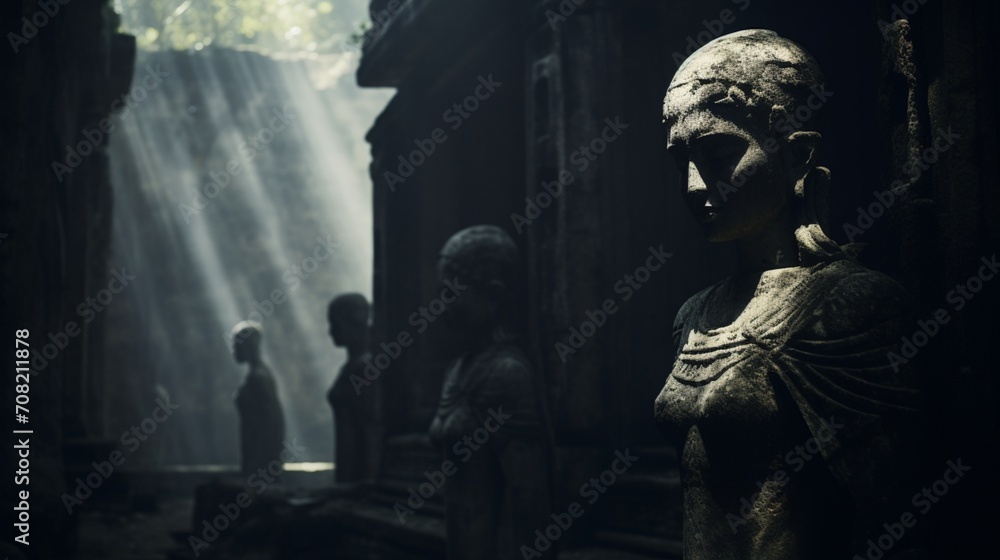 Ancient Guardian, if statues could talk, they'd plea for preservation. Soft sunlight filtering through ancient ruins. - Generative AI