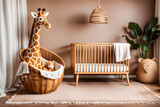 Rattan crib with baldachin, soft toy giraffe and wicker basket on rug on wooden laminate from natural materials. nursery room in boho style interior. 3d rendering