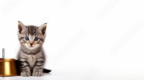 Cute cat with food bowl on white background, ideal for creative text placement and design