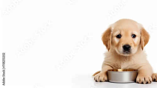 Cute puppy with food bowl isolated on white background with copy space for text placement
