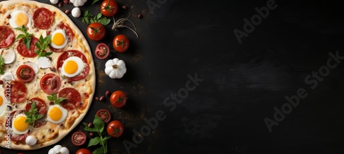 Delicious pizza on black stone background with top view ingredients and empty space for text