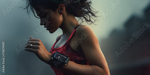 Close picture about a sporty style toned woman body who is jogging with smart watch and use other sport technology in sport top and short sunset or sunrise lights photo