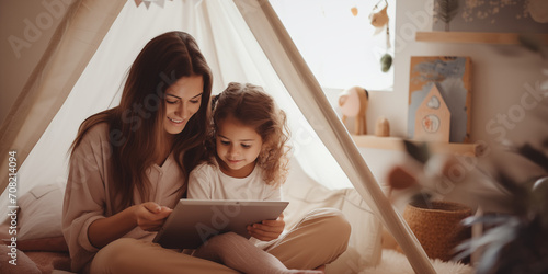 Young mom and her daugther using a tablet together at a scandinavian bedroom 