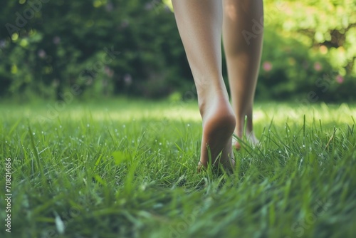 Barefoot in nature, concept of freedom and happiness. Background with selective focus and copy space photo