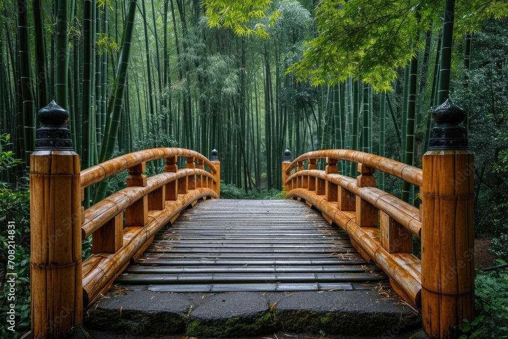Obraz premium Tranquil Bamboo Grove with a Rustic Bridge