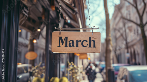 「3月」「March」と書かれている上から吊り下げされた木の板に黒い文字のレトロなお店の看板、木製看板