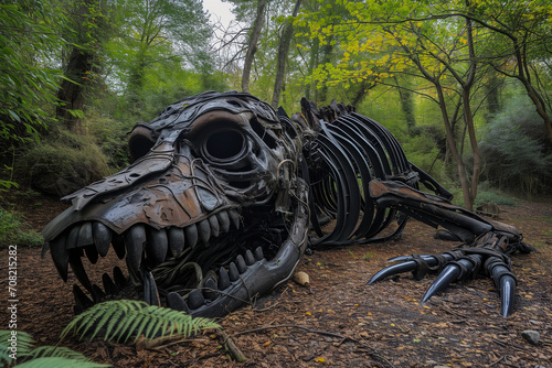 metallic dinosaur fossil in forest