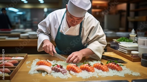 Experienced sushi chef presenting fresh sushi tray with a smile to clients at restaurant