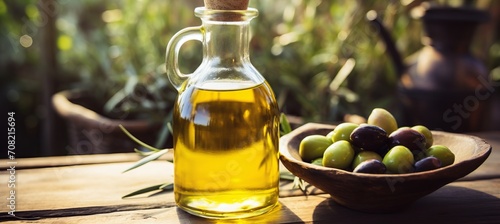Organic homemade olive oil on blurred background, perfect for culinary concepts and text placement