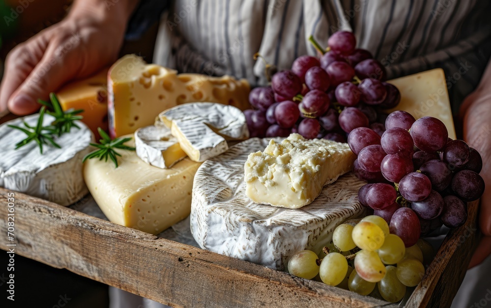 Woman hands holding a tray with camembert cheese and brie served with grapes Woman hands holding a tray with camembert cheese and brie served with grapes