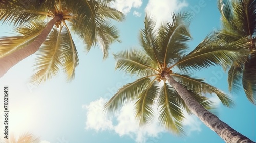 Palm trees on tropical beach, coconut trees. Tropical trees with sunlight in the sky, sunset and clouds abstract background. Vintage tone filter effect color style. © elli_