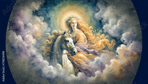 Whispers of the Cosmos: Dreamy Watercolor of a Woman and the Celestial Horse3