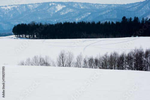 スノーモービルの跡が残る雪原 © kinpouge