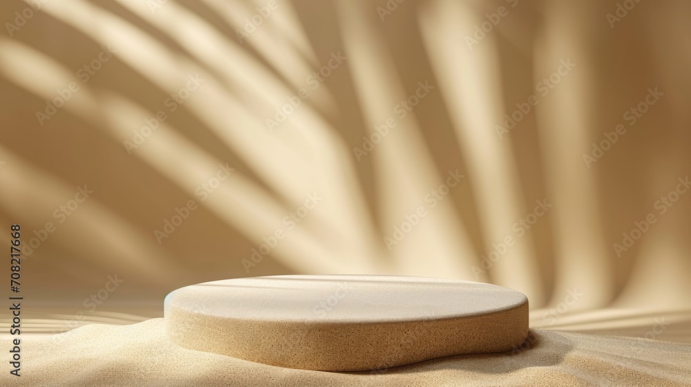 Podium in the beige sand background. Studio podium for product advertising. Stage stand. Blank podium. Display platform Podium in the beige sand background. Studio podium for product advertising. Stage stand. Blank podium. Display platform