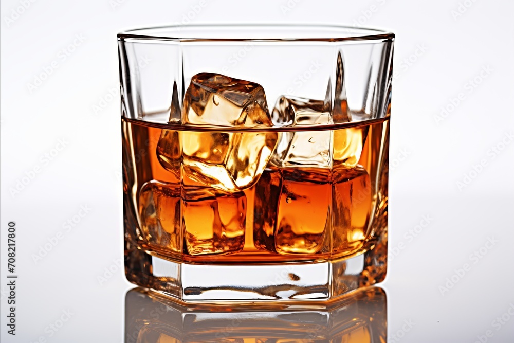 Transparent whisky glass isolated on white background with copy space and reflection effect