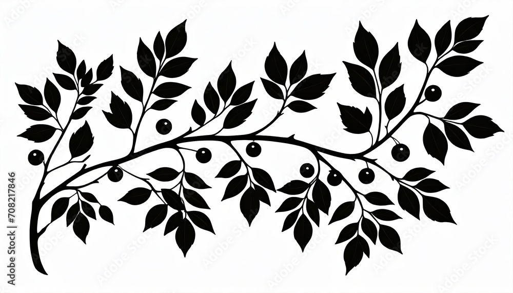 Black branches silhouettes, floral nature botanical elements. Isolated branch with leaf and berries. Flat vector decorative graphic. Generative AI