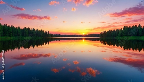 A vibrant sunset over a serene lake, with colorful reflections shimmering on the water. Generative AI