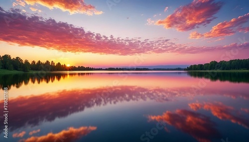 A vibrant sunset over a serene lake, with colorful reflections shimmering on the water. Generative AI