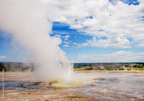 Steam rising from various geysers in the Upper Geyser Basin in Yellowstone National Park
