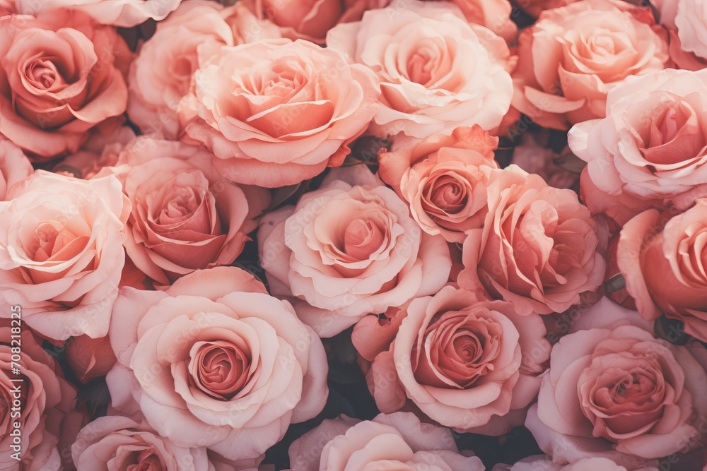 Light pink beautiful rose pattern. Wedding decoration background. Backdrop for greeting card, banner for valentine day and women day. Peach fuzz color 