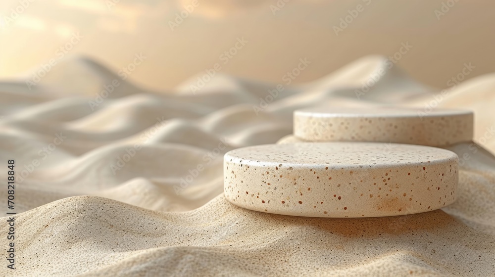 Podium stone in the beige sand background. Studio podium for product advertising. Stage stand. Blank podium. Display platform Podium stone in the beige sand background. Studio podium for product advertising. Stage stand. Blank podium. Display platform