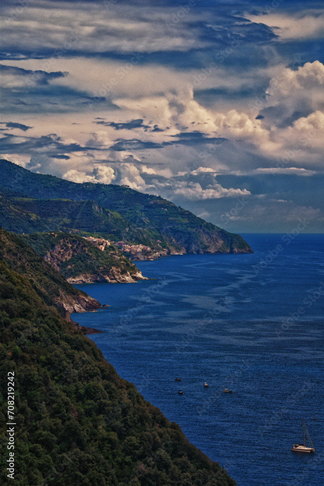 Cinque Terre Mediterranean Sea views along town hiking trail Italian Riviera coastline. Liguria, Italy, Europe. 2023 Summer. 