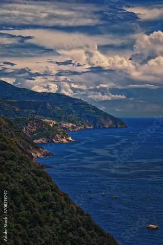 Cinque Terre Mediterranean Sea views along town hiking trail Italian Riviera coastline. Liguria, Italy, Europe. 2023 Summer. 