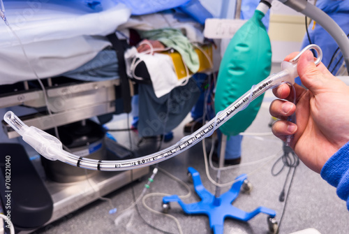 anesthesia equipment ,laryngoscope, ventilation mask, LMA, and oral airway for precise intubation and airway management in a hospital photo