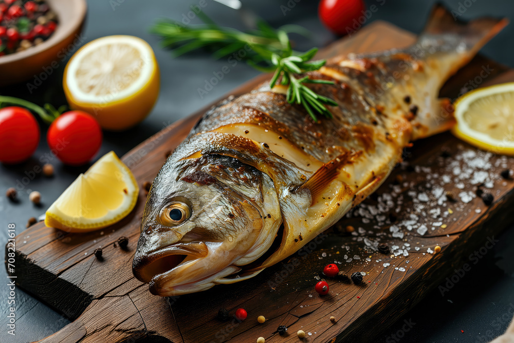 Grilled Fish sea bass with Lemon and Herbs on Wooden Board Grilled Fish sea bass with Lemon and Herbs on Wooden Board