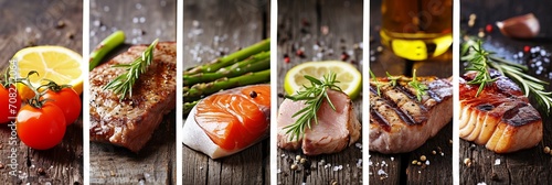 Collage of food products divided with white vertical lines   bright white light, minimum 7 segments photo