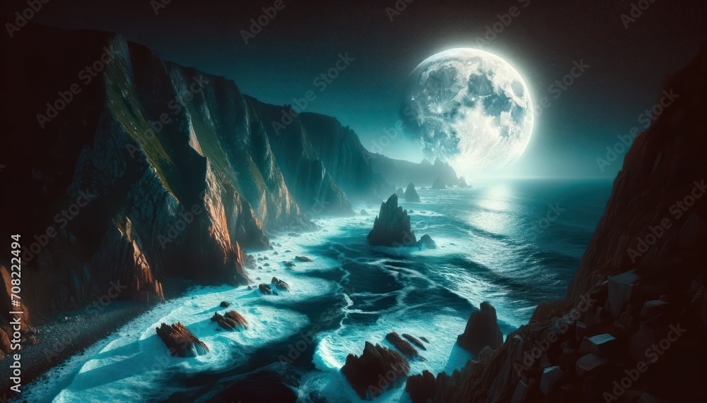 Fantasy landscape. Rocks and sea at moonlight 3D illustration