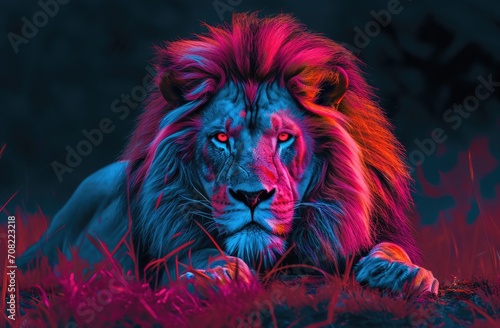 Colorful painting of a lion with creative abstract elements as background © loran4a