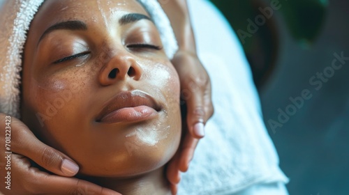 young woman receiving facial massage at spa