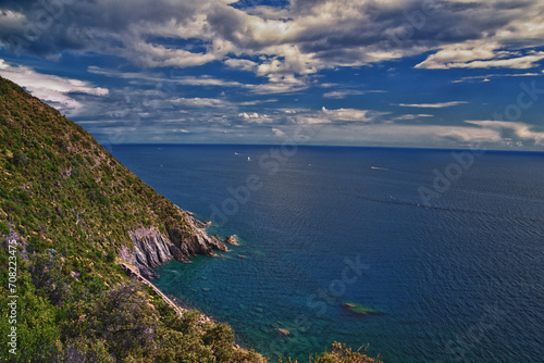 Obraz na płótnie Cinque Terre Mediterranean Sea views along town hiking trail Italian Riviera coastline. Liguria, Italy, Europe. 2023 Summer. w salonie