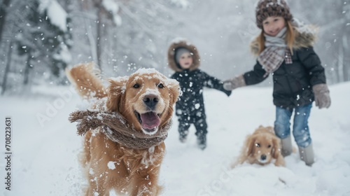 Happy family walking their pet golden retriever in the winter forest outdoors. Active autumn holidays