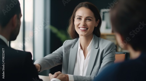 Happy mid aged business woman manager handshaking at office meeting. Smiling female hr hiring recruit at job interview, bank or insurance agent, lawyer making contract deal with client at work