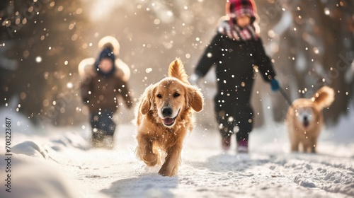 Happy family walking their pet golden retriever in the winter forest outdoors. Active autumn holidays