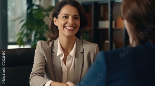 Happy mid aged business woman manager handshaking at office meeting. Smiling female hr hiring recruit at job interview, bank or insurance agent, lawyer making contract deal with client at work photo