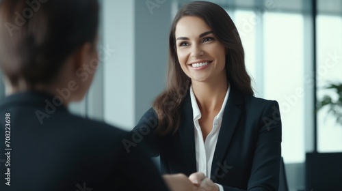 Happy mid aged business woman manager handshaking at office meeting. Smiling female hr hiring recruit at job interview, bank or insurance agent, lawyer making contract deal with client at work