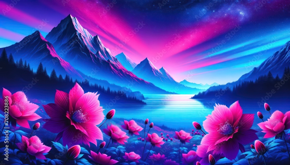 Fantasy landscape with mountains, lake and pink flowers.Illustration Fantasy landscape with mountains, lake and pink flowers.Illustration