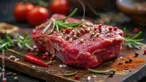Savory Red Meat on a Wooden Board - A Flavorful Blend of Spices, Pepper, Chili, Garlic, and Herbs