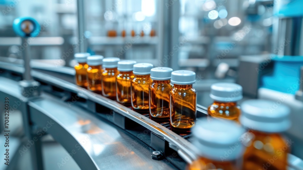 Pharmaceutical. Production line machine conveyor with glass bottles. Pharmaceutical industry concept Pharmaceutical. Production line machine conveyor with glass bottles. Pharmaceutical industry concept