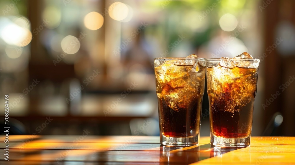 Blurred Details - Two Glasses of Cola on a Wooden Table, Capturing the Essence of Refreshment Blurred Details - Two Glasses of Cola on a Wooden Table, Capturing the Essence of Refreshment
