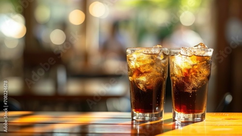 Blurred Details - Two Glasses of Cola on a Wooden Table, Capturing the Essence of Refreshment