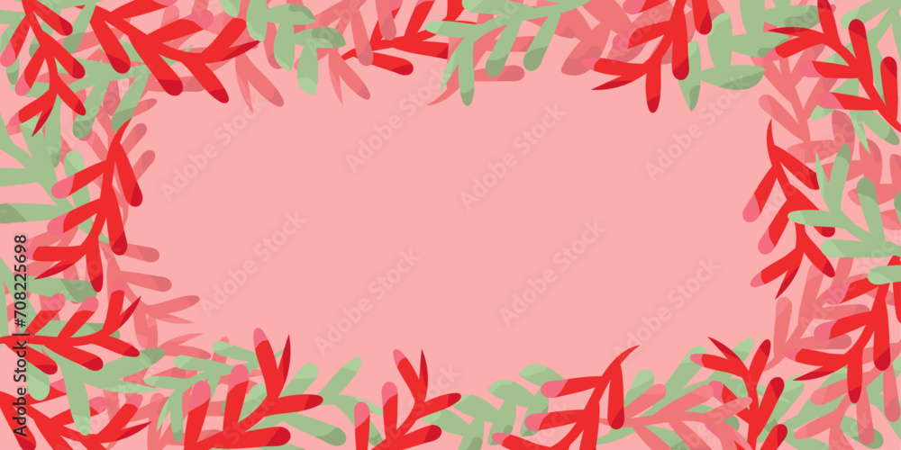Obraz premium Abstract colorful hand-drawn design frame with doodles branches, leaves on pink background. Bright red, pink and green vector illustration for cards, business, banners, textile, wallpaper