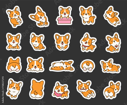 Cute kawaii corgi dog. Sticker Bookmark. Funny puppy cartoon animal characters. Hand drawn style. Vector drawing. Collection of design elements.