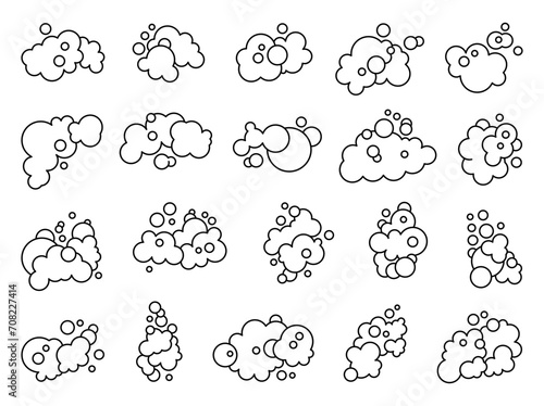 Foam made of soap or clouds. Coloring Page. Bubbles of different shapes. Hand drawn style. Vector drawing. Collection of design elements.