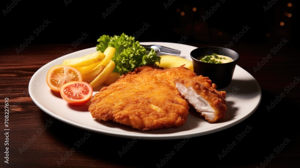 Expertly cooked to maintain its juiciness, the Chicken Schnitzel offers a delightful contrast of textures with its velvety meat encased in a crisp, golden shell.